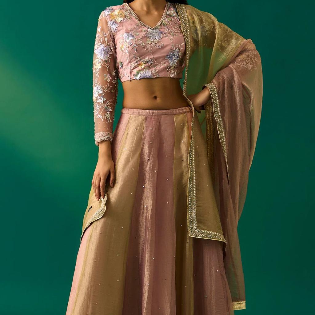 Pink Embroidered Tissue Blouse with Skirt and Dupatta Set