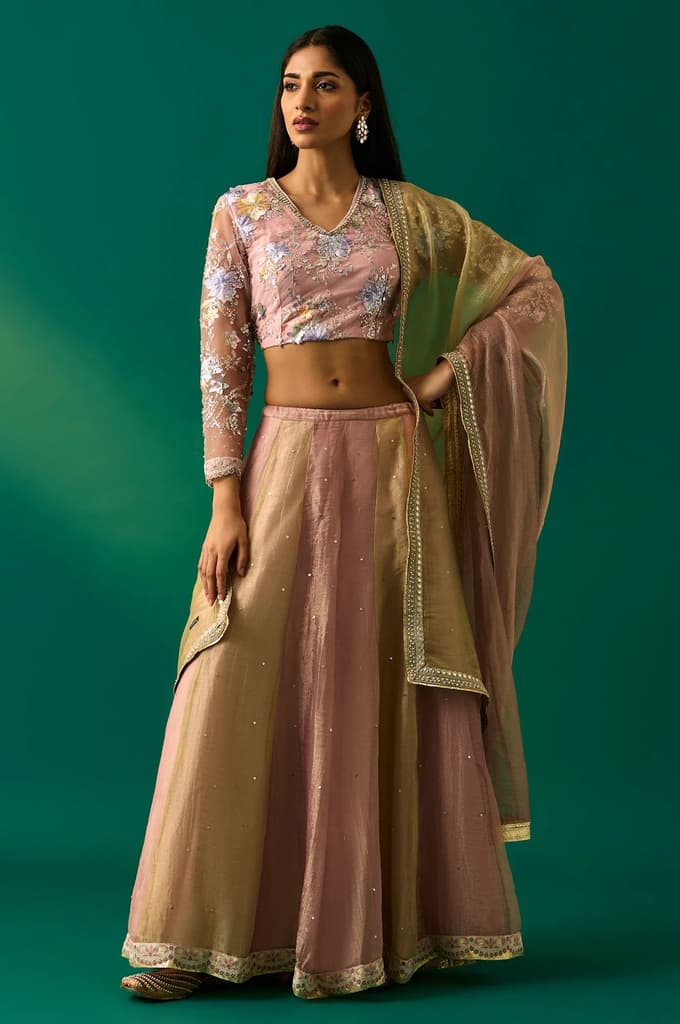 Pink Embroidered Tissue Blouse with Skirt and Dupatta Set — XS