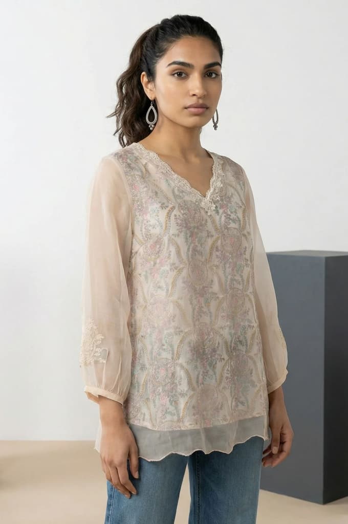 Cream Floral Printed Lace Organza Straight Top with Printed Slip — photo 6