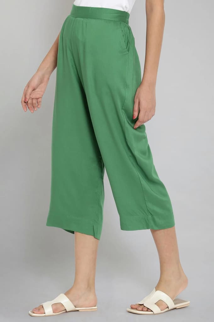 Muted Sage Green Solid Straight Fit Cotton Culottes With Elasticated Waist — photo 3