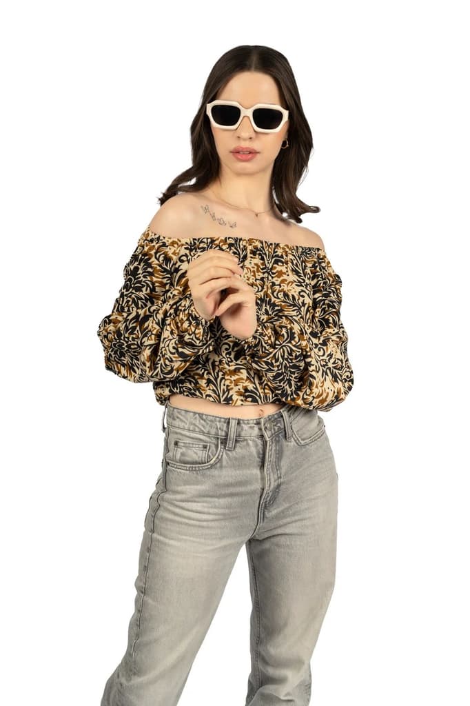 Multicolour Floral Off-Shoulder Crop Top in Rayon — photo 2