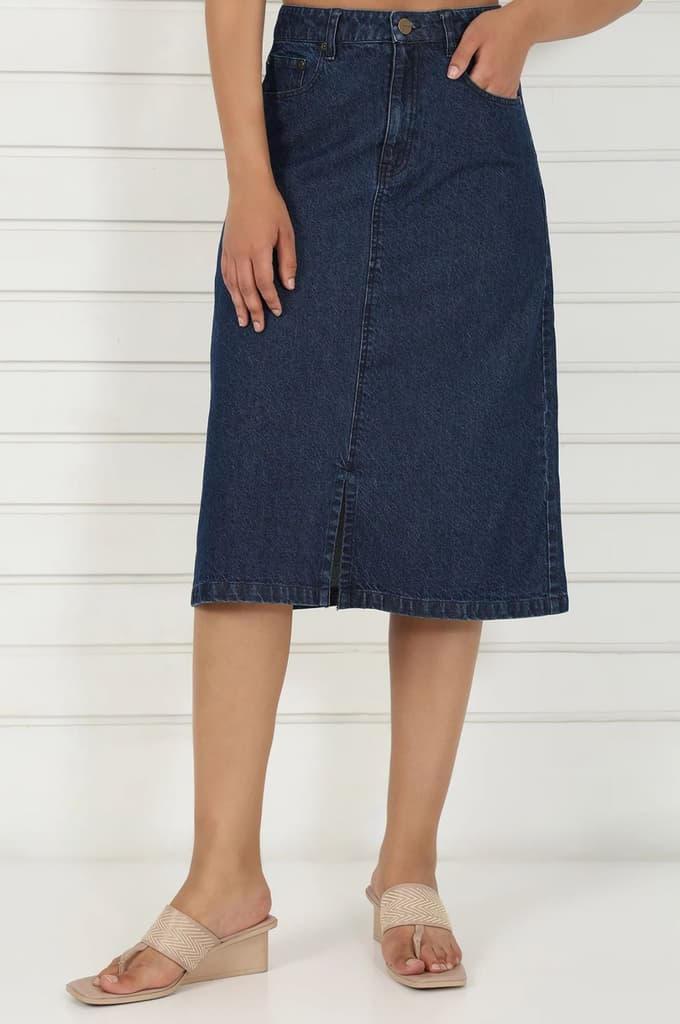 Blue Denim Mid Rise Calf Length Skirt with YKK Zipper — photo 2