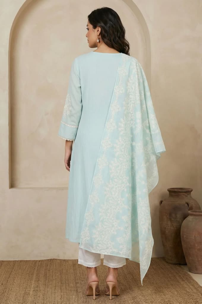 Blue Thread Embroidered Pure Cotton Straight Kurta with Straight Pants and Dupatta Set — photo 5
