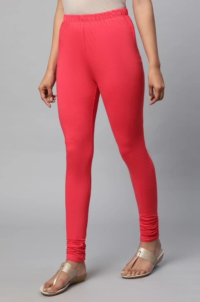 Red Solid Skinny Fit Cotton Churidar With Elasticated Waistband — photo 3