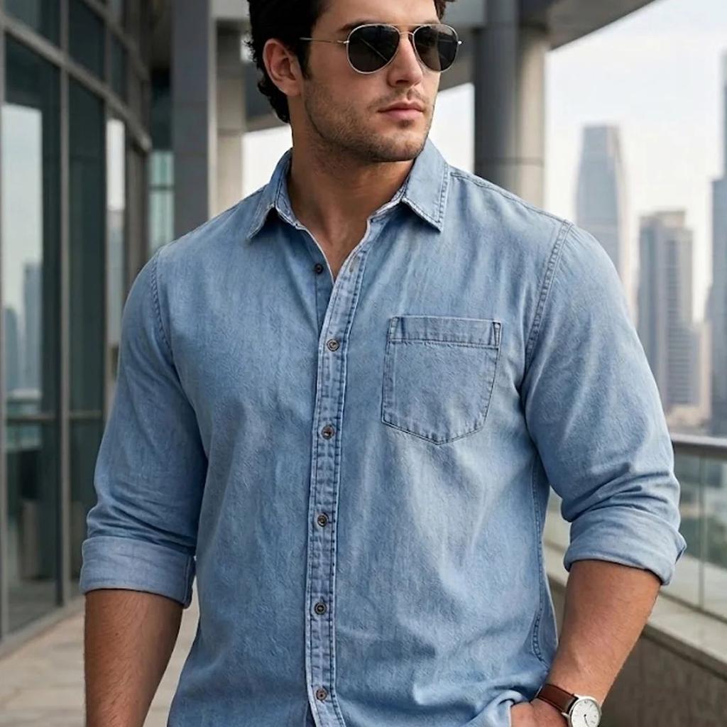 Plus Men's Ice Blue Regular Fit Full Sleeve Washed Denim Shirt
