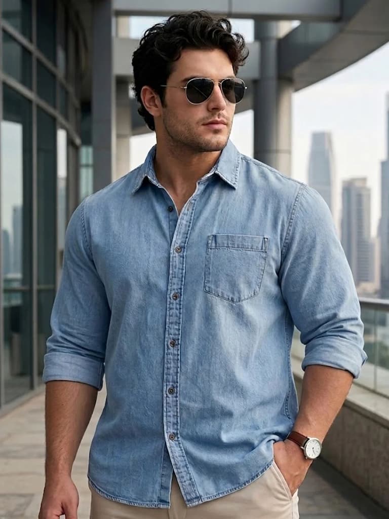 Plus Men's Ice Blue Regular Fit Full Sleeve Washed Denim Shirt — XXL / Ice Blue