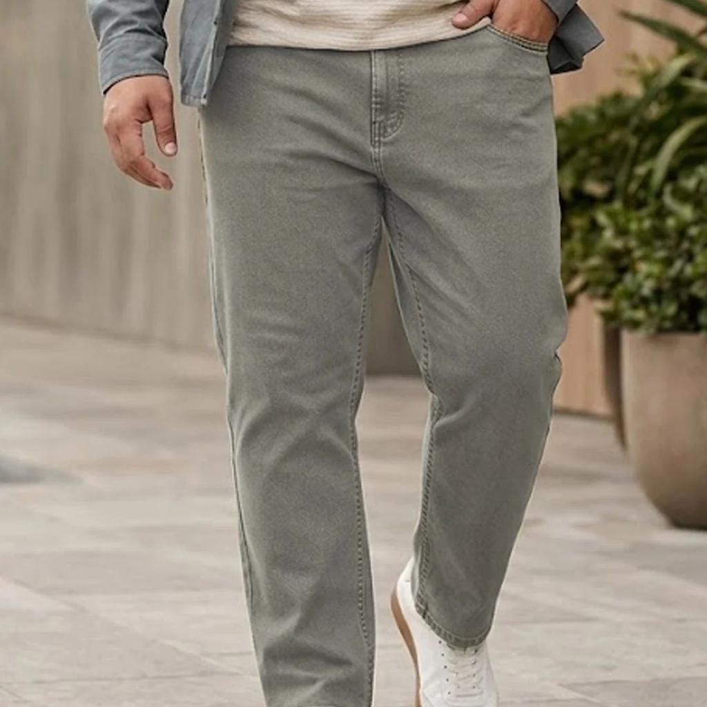 Plus Men's Light Grey Straight Fit Heavy Washed Jeans Stretchable