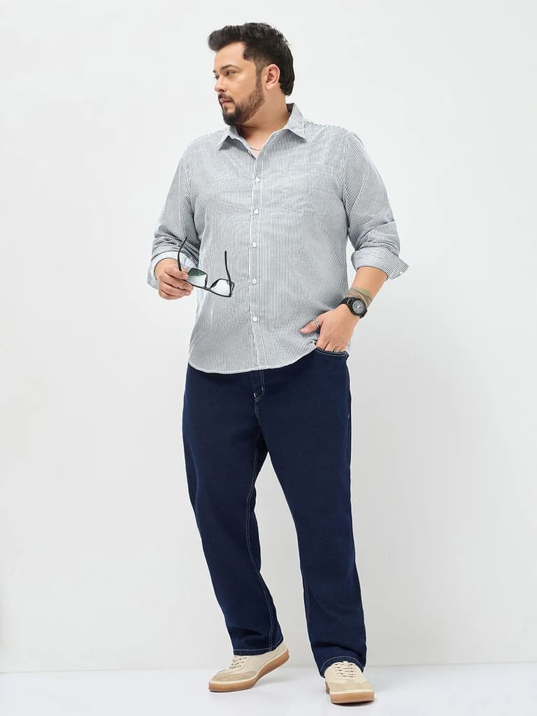 Plus Men's Dark Blue Cotton Full Sleeve Regular Fit Casual Striped Shirt — photo 5