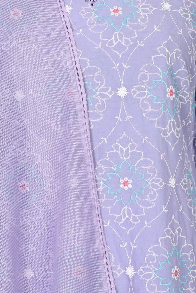 Lavender Thread Embroidered Pure Cotton Straight Kurta with Straight Pants and Dupatta Set — photo 2