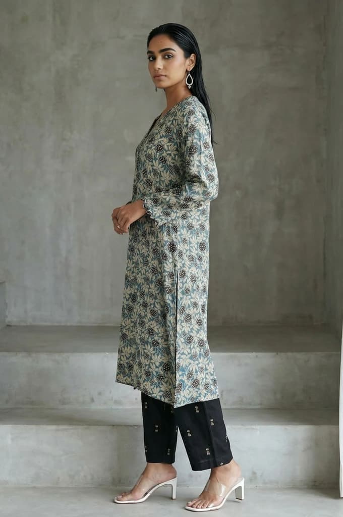 Teal Ajrak Printed Tassel Modal Satin Straight Kurta — photo 4