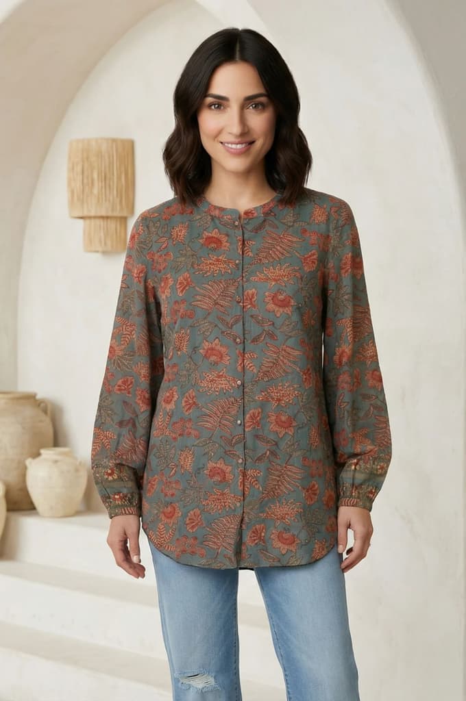 Blue Floral Printed Pure Cotton Straight Top — photo 2