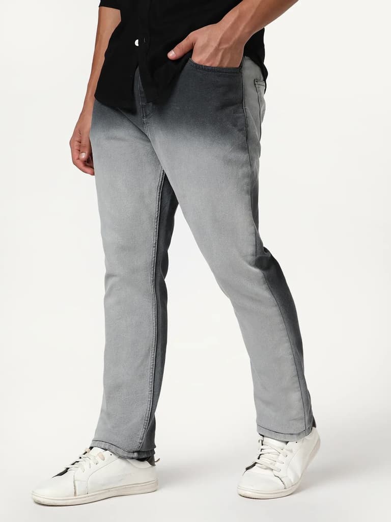 Men's Dark Grey Straight Fit Heavy Washed Faded Denim Jeans Stretchable — photo 3