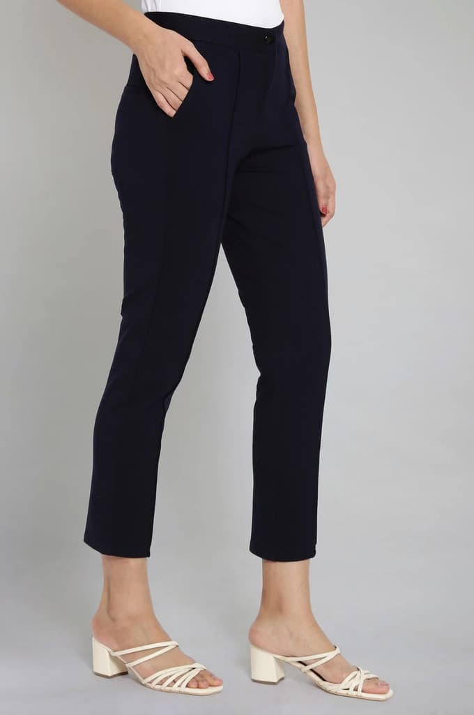 Navy Blue Solid Straight Fit Trousers With Pintuck Detail — photo 4