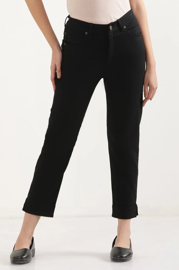 Black Solid Straight Fit Denim Pants With Side Slit — photo 2