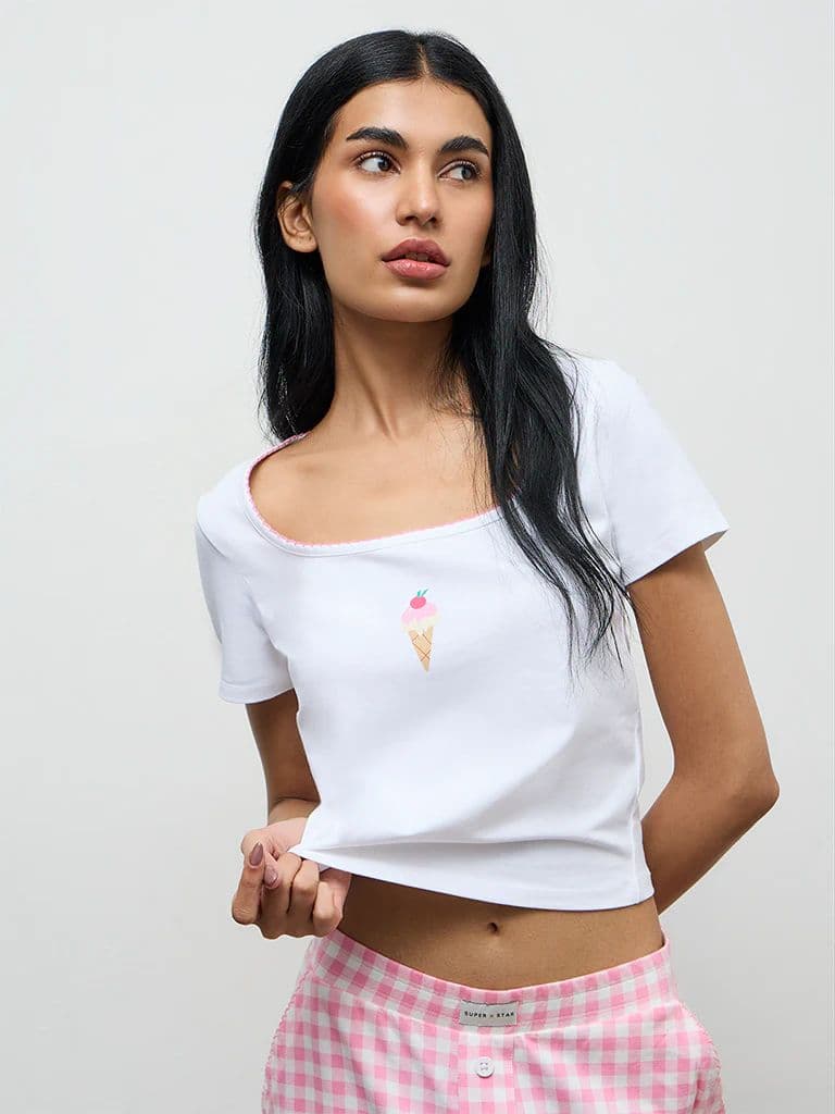 Superstar White Printed Cotton-Blend Top — photo 2