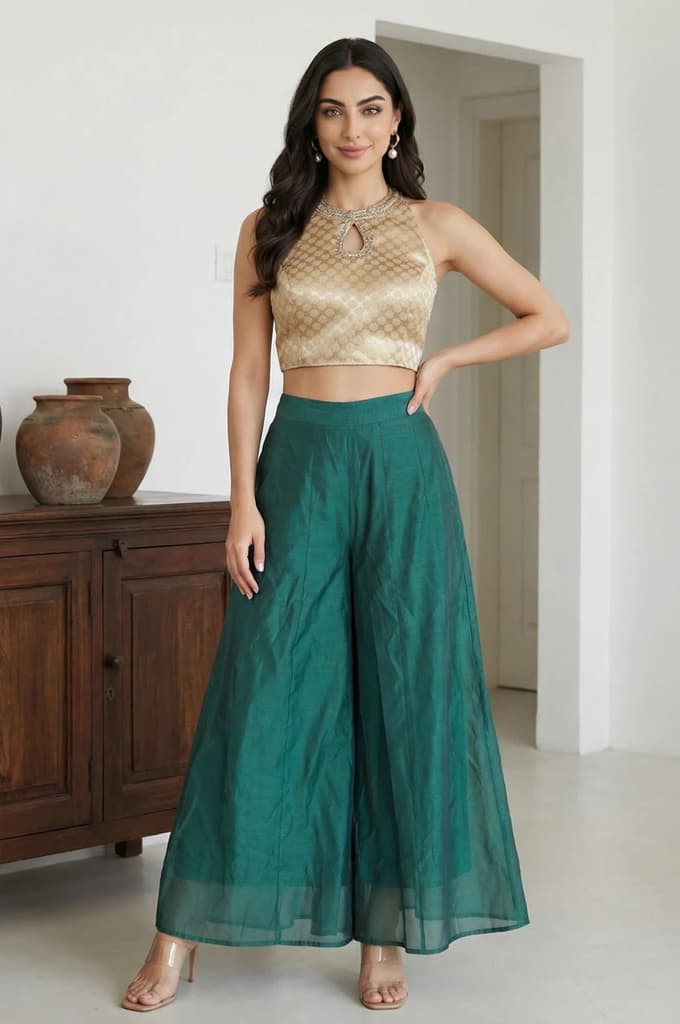 Green Solid Chanderi Wide Leg Flared Ankle Length Culottes — photo 3