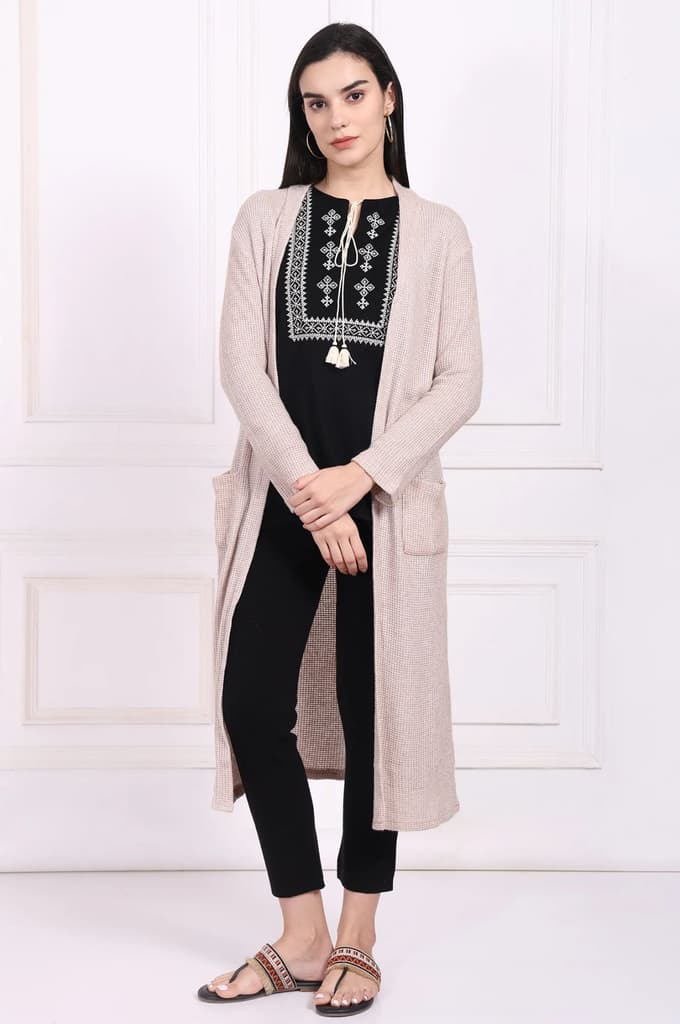 Beige Solid Rayon Winter Trench Jacket