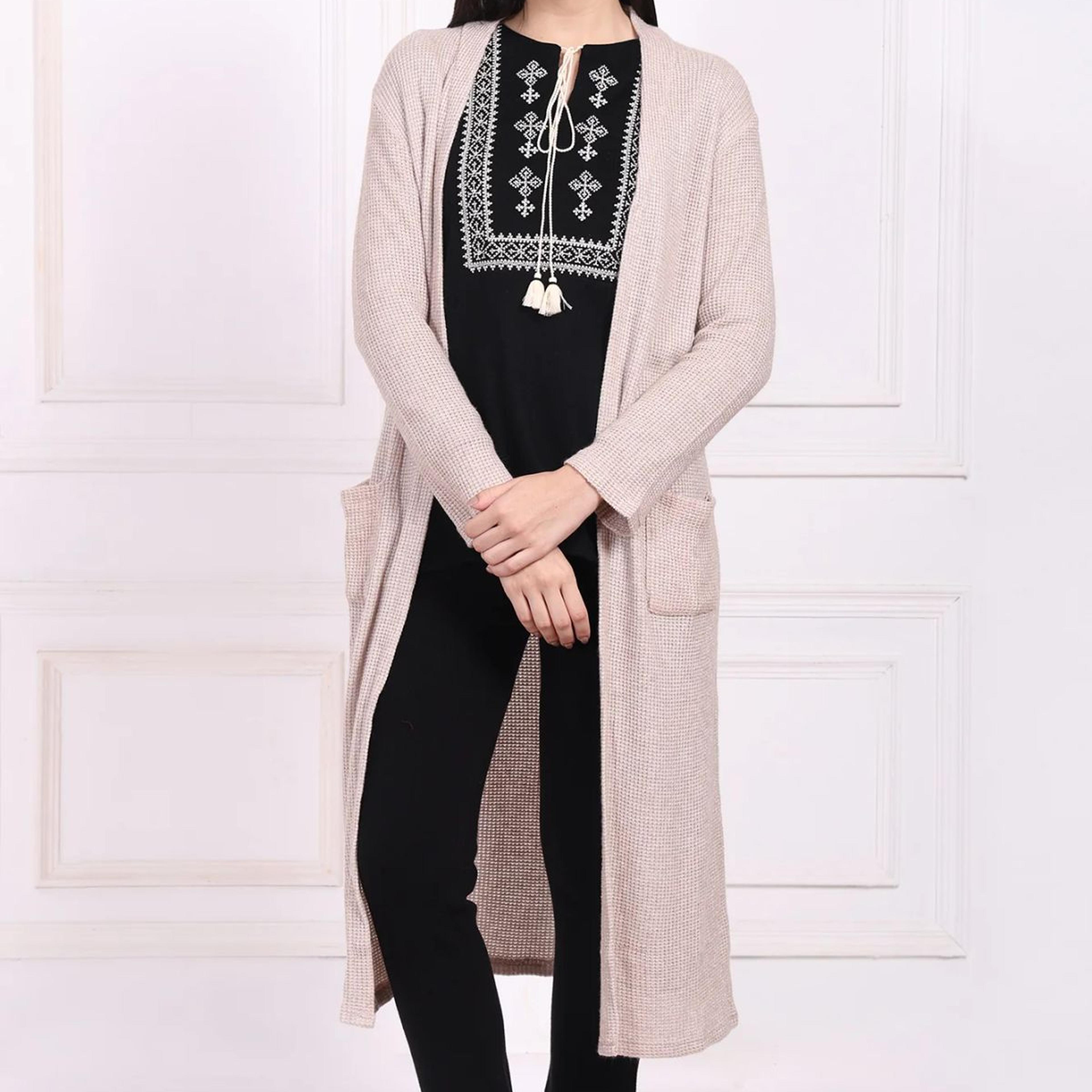 Beige Solid Rayon Winter Trench Jacket