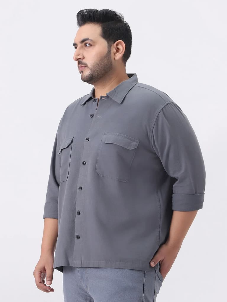 Plus Men's Grey Cotton Full Sleeve Relaxed Fit Shacket with Utility Pockets — photo 2