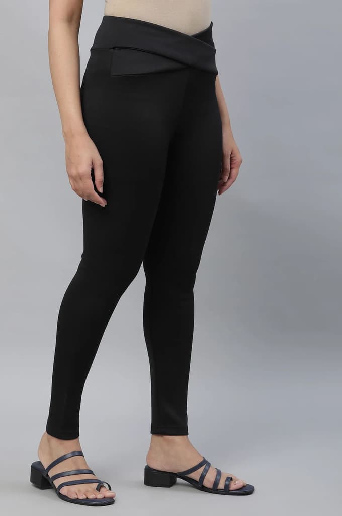 Black Solid Skinny Fit Tights With Criss Cross Waistband — photo 4