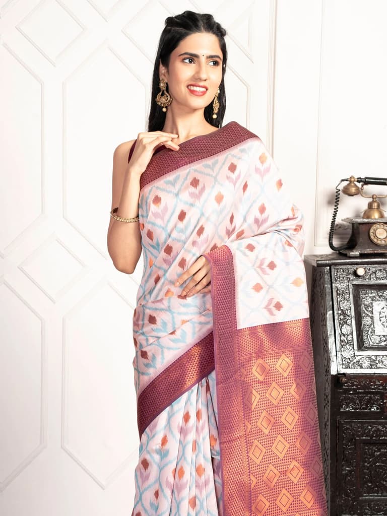 Mimosa Women's Woven Design Pochampally Style Art Silk Saree With Blouse Piece : SA00001953PNKFREE — Pink