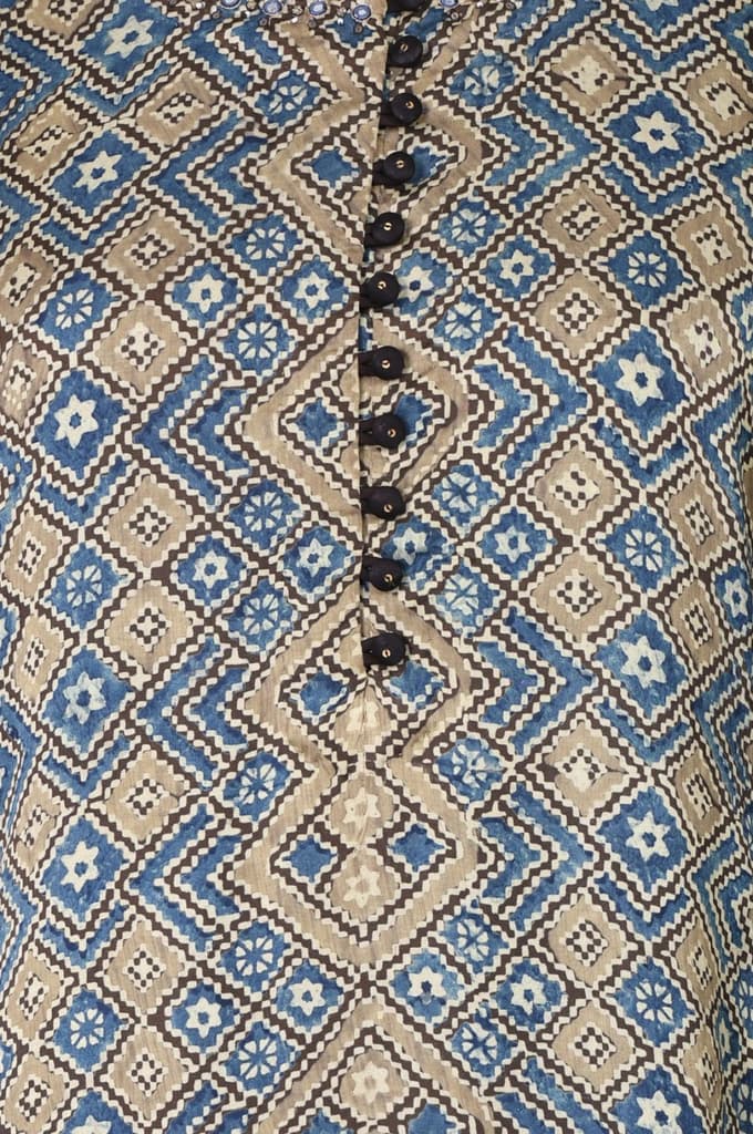 Beige Ajrak Printed Mirror Work Modal Satin Straight Kurta — photo 2