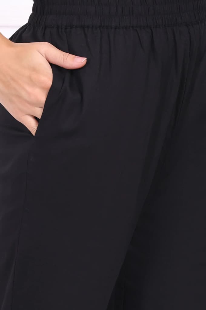 Black Floral Printed Embroidered Rayon Straight Kurta and Pants Set — photo 9