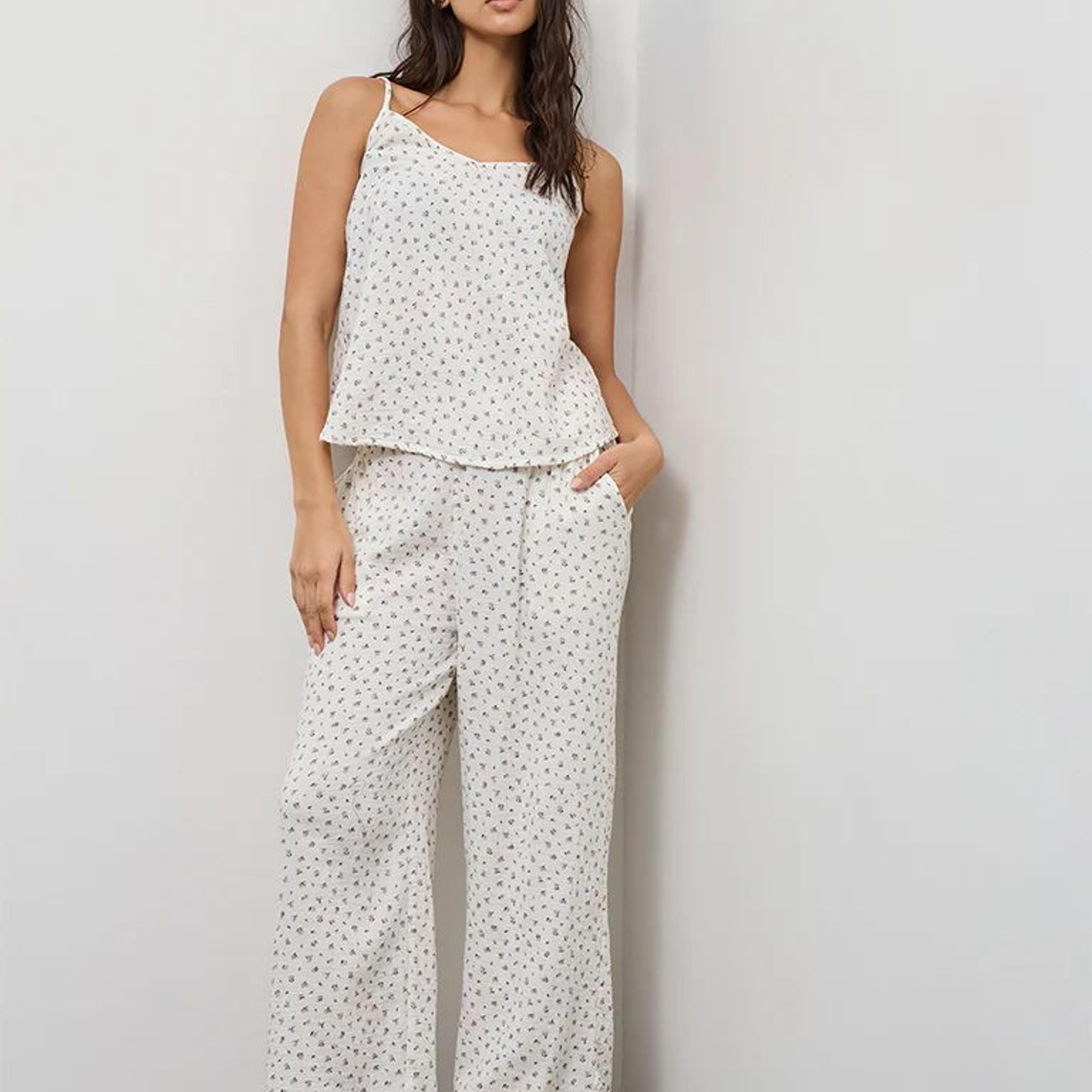 Wunderlove Ivory Floral Printed Cotton Camisole and Pant Set