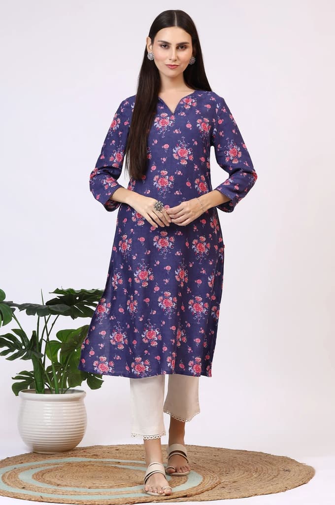 Purple Floral Printed Straight Kurta with Lace — photo 2