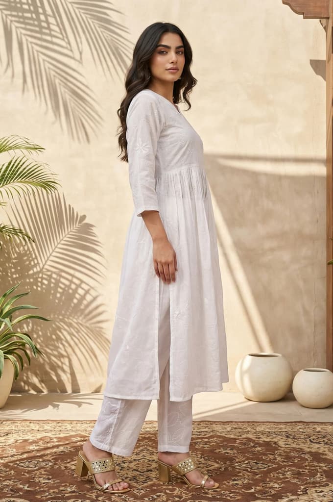 White Chikankari Pure Cotton Flared Kurta with Parallel Pants Set — photo 5