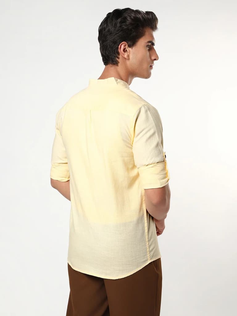 Men's Tender Yellow Linen Blend Full Sleeve Relaxed Fit Mandarin Collar Casual Solid Shirt — photo 3