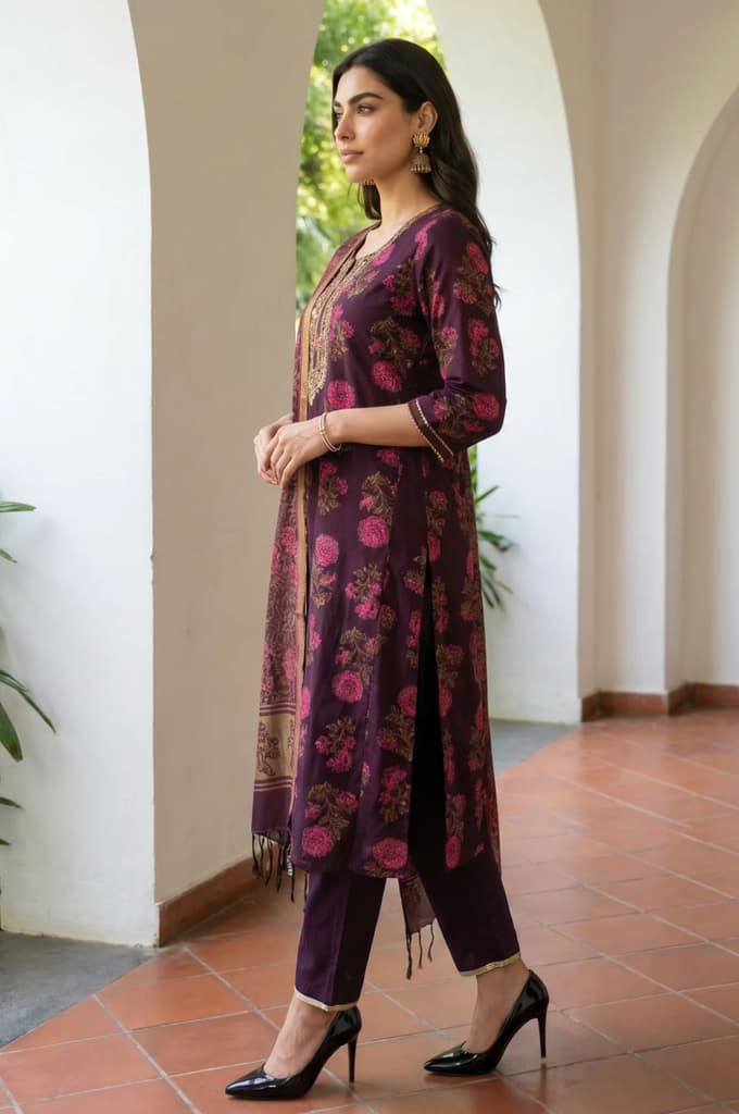 Maroon Lace Trim A-Line Jacquard Kurta with Straight Pant and Dupatta Set — photo 3