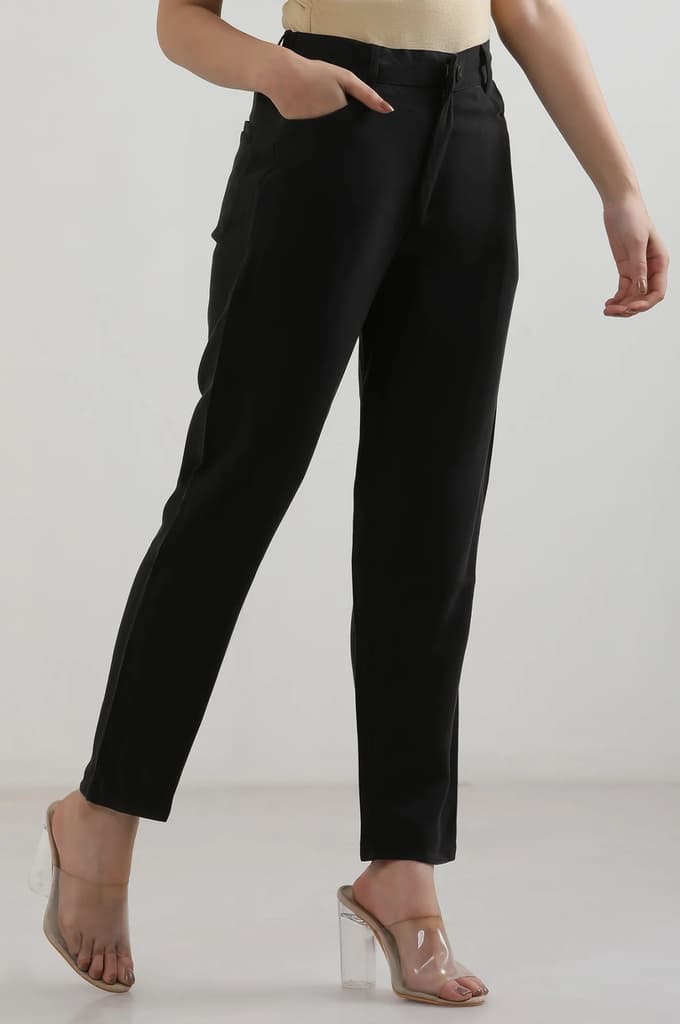 Black Solid Straight Fit Rayon Pants With Button Closure — photo 5