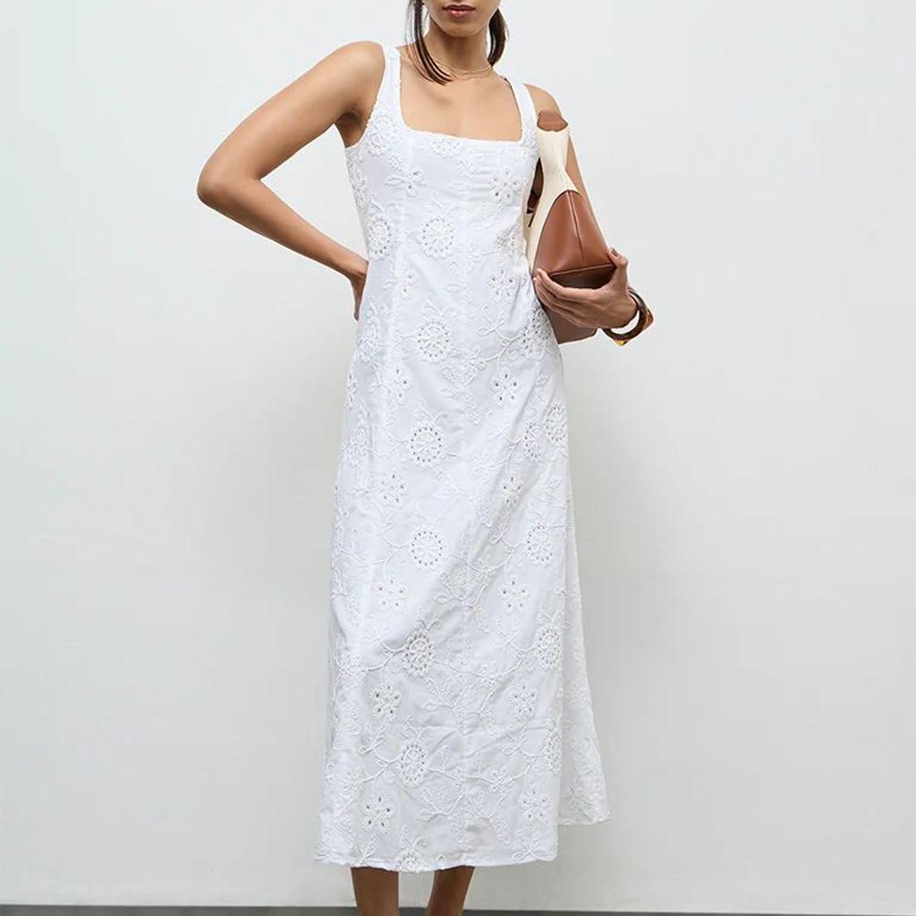 LOV Off-White Floral Embroidered A-Line Cotton Dress