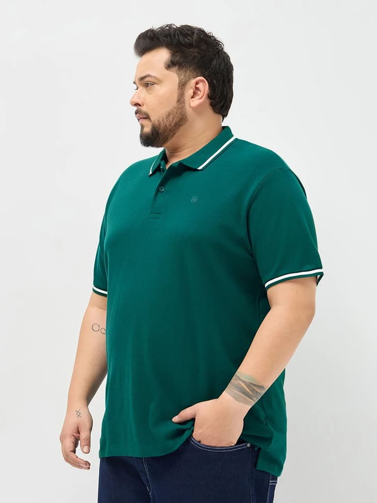 Plus Men's Teal Green Solid Regular Fit Half Sleeve Cotton Polo T-Shirt — photo 2