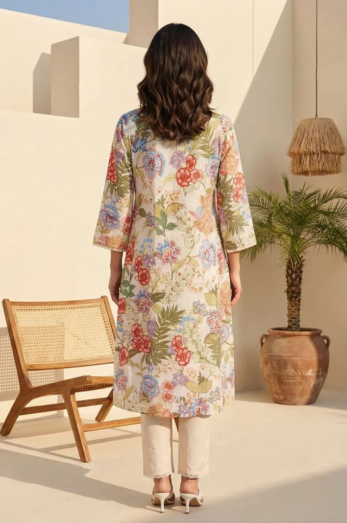 Off White Floral Printed Pure Cotton Straight Kurta with Lace — photo 4