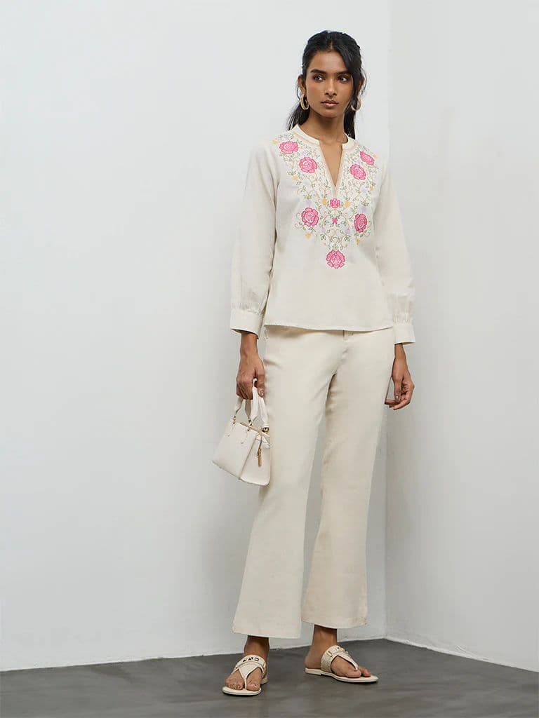Utsa Off-White Embroidered Cotton Tunic — photo 2