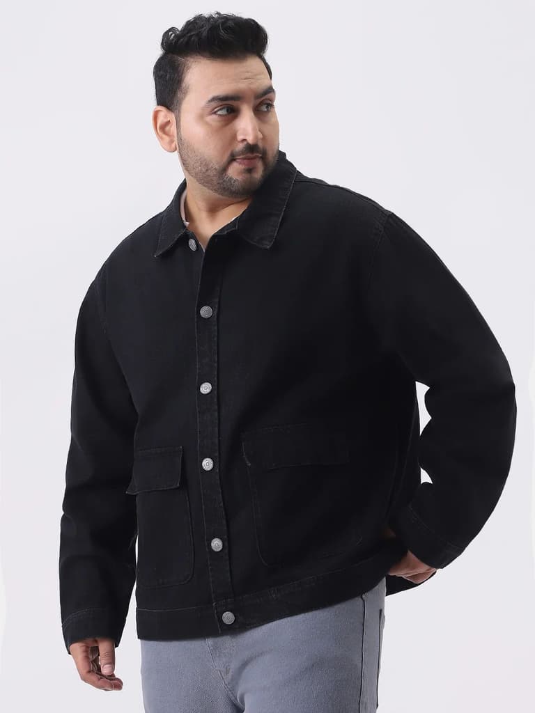 Plus Men's Black Relaxed Fit Full Sleeve Utility Denim Jacket — photo 2