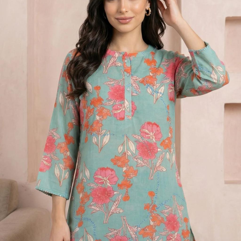 Sea Green Floral Printed Modal Straight Top