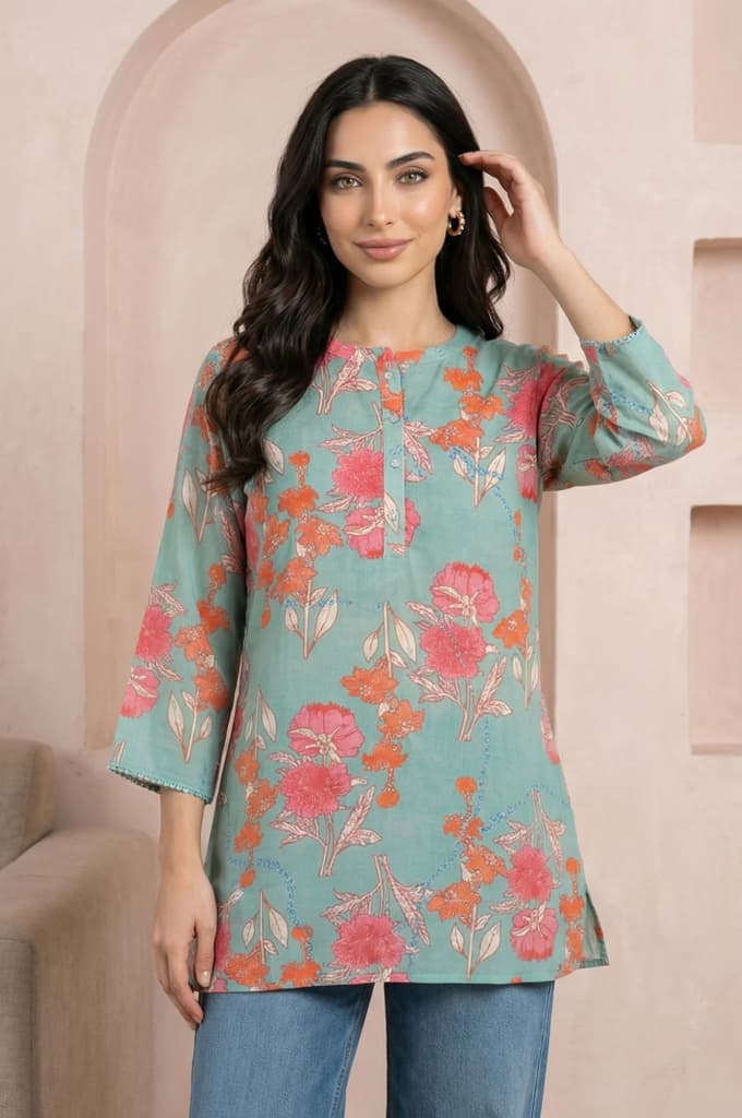 Sea Green Floral Printed Modal Straight Top — XS