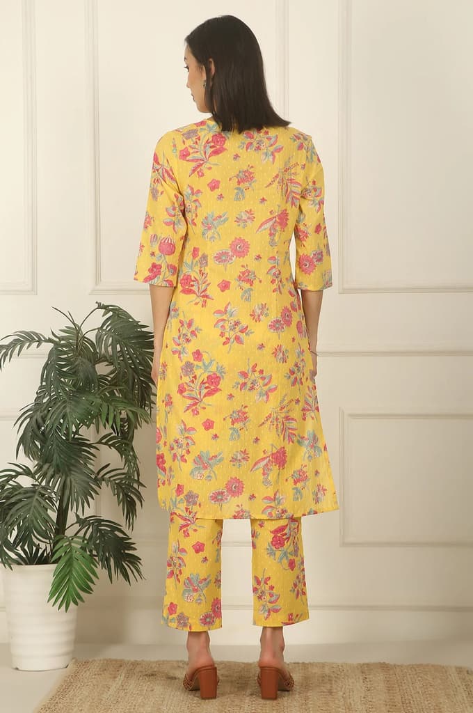 Yellow Floral Printed Swiss Dot Cotton Straight Kurta and Pants Co-ord Set — photo 6