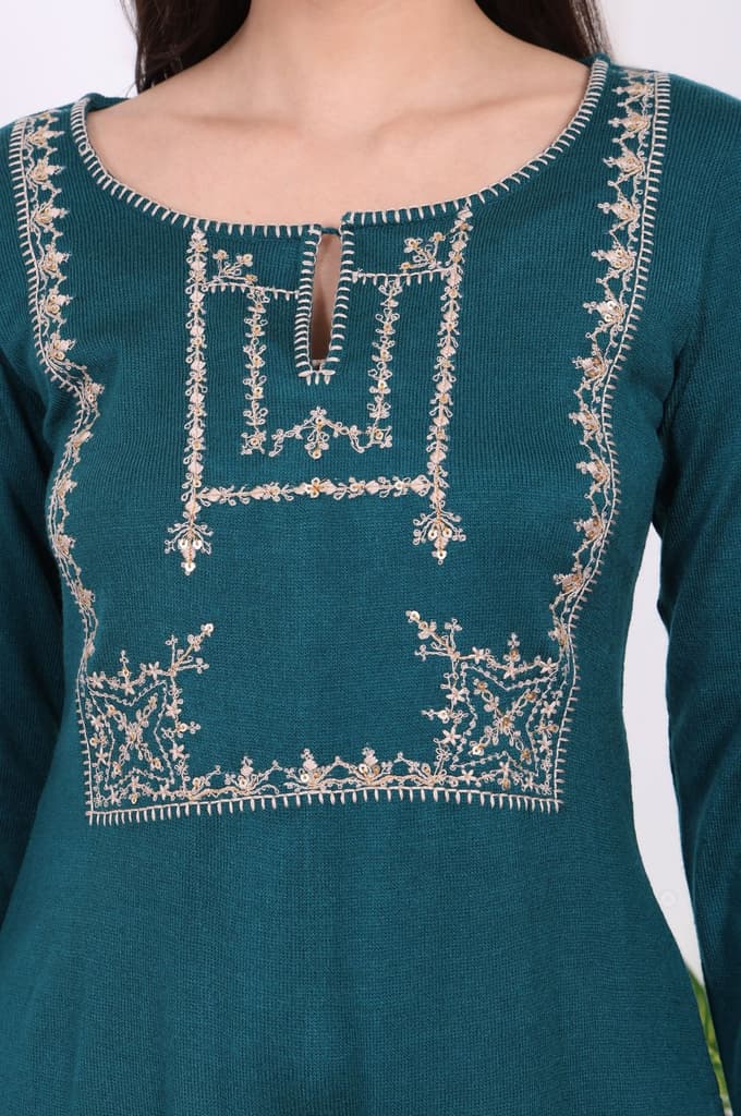 Teal Embroidered Acrylic Straight Kurta — photo 3