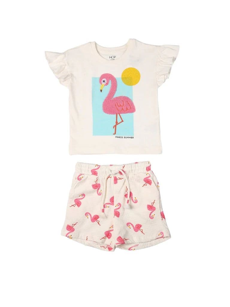 HOP Kids Girls Off-White Printed Cotton Top and Shorts Set — photo 3