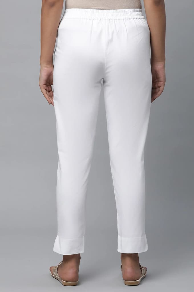 White Solid Straight Fit Cotton Pants With Elasticated Waist — photo 2
