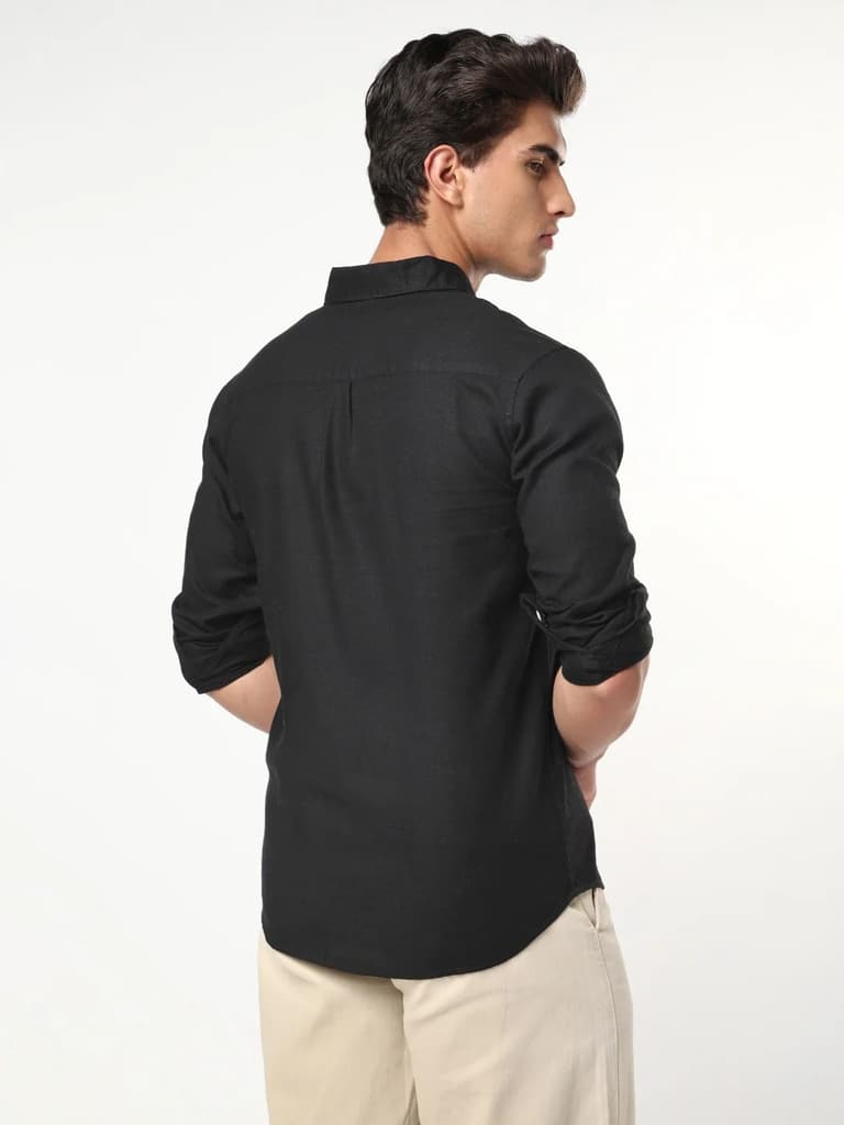 Men's Black Linen Blend Full Sleeve Relaxed Fit Casual Solid Shirt — photo 3