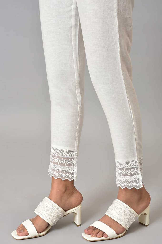 White Solid Cotton Flax Slim Pant with Embellished Hemline — photo 8