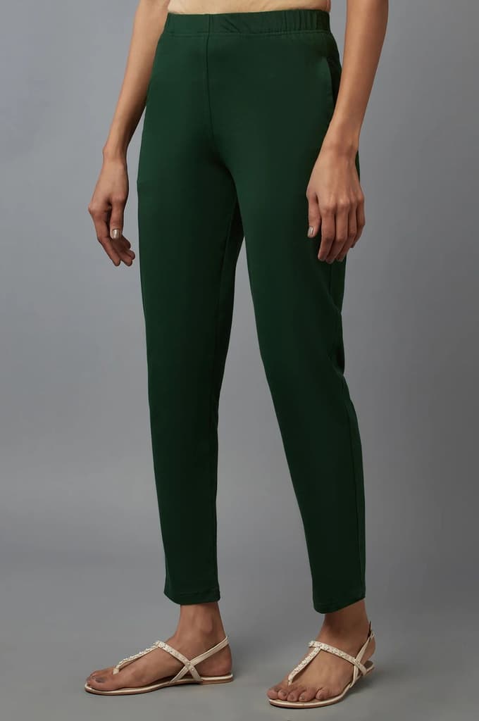 Dark Green Solid Flared Cotton Pants With Elasticated Waist — photo 3