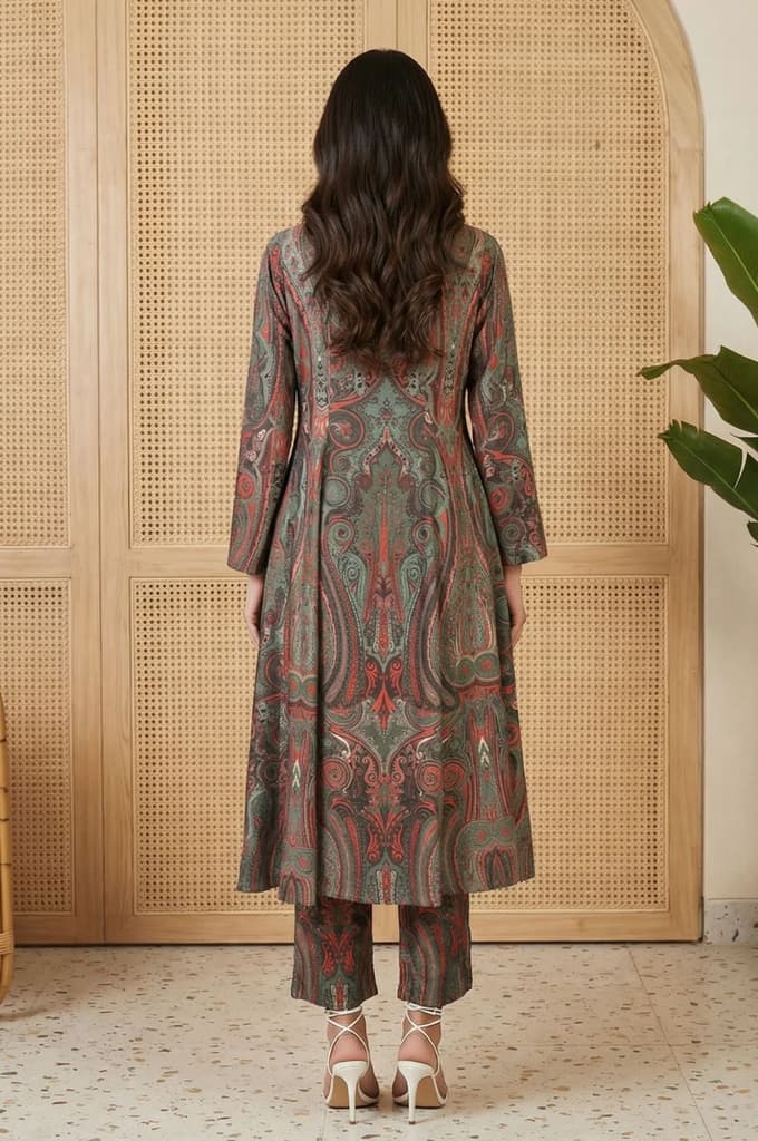Green Paisley Mettalic Embroidered Pashmina Shimmer Anarkali Kurta with Straight Pants Set — photo 3