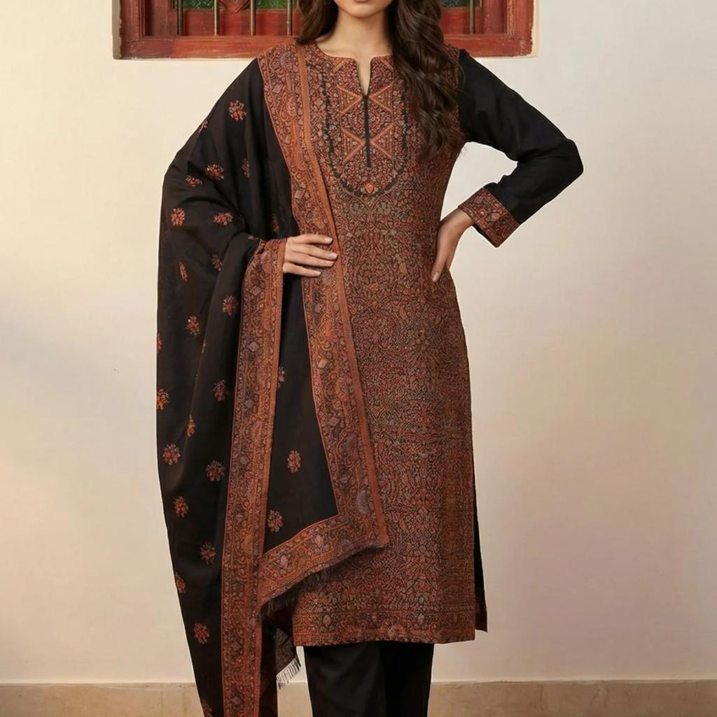 Black Ethnic Motifs Jacquard Straight Kurta with Pants and Dupatta Set