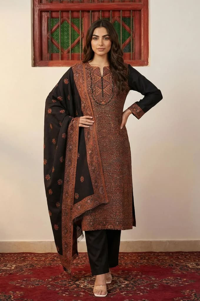 Black Ethnic Motifs Jacquard Straight Kurta with Pants and Dupatta Set — XS